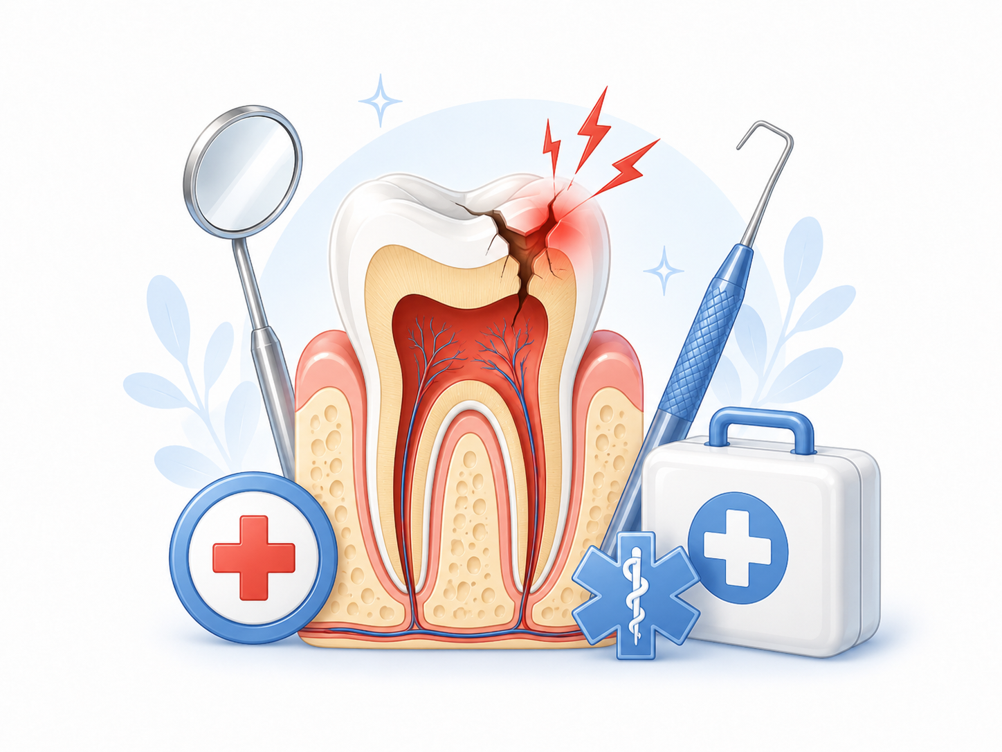 Dental exam illustration with tooth, mirror, explorer, toothbrush, implant, crown, and clear aligners