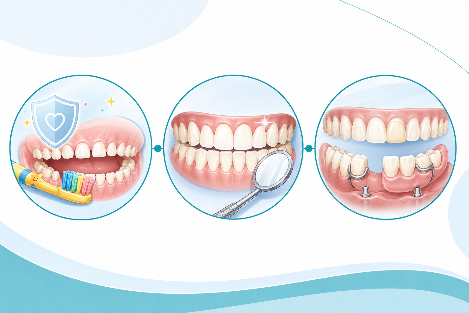 Illustration of family dentistry services including preventive care, exams, and tooth replacement