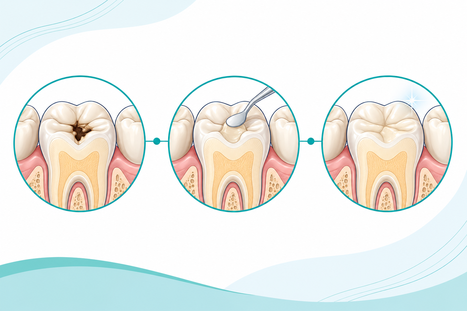 Illustration showing tooth decay cleaned and restored with a dental filling