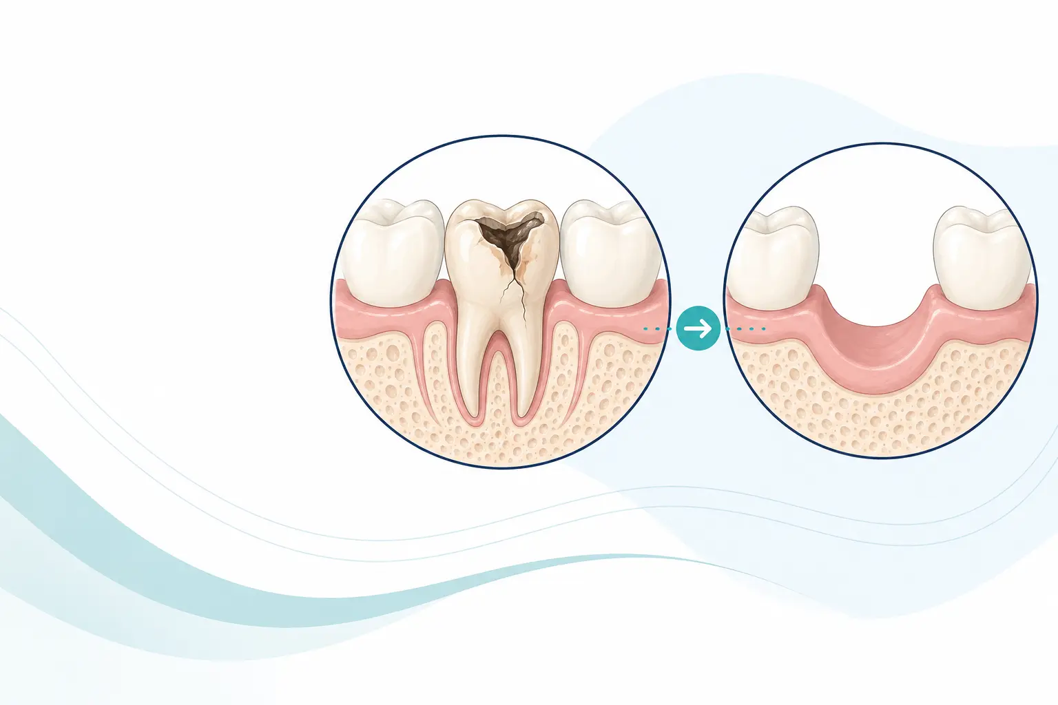 Illustration showing a damaged tooth before extraction and healed gum after tooth removal
